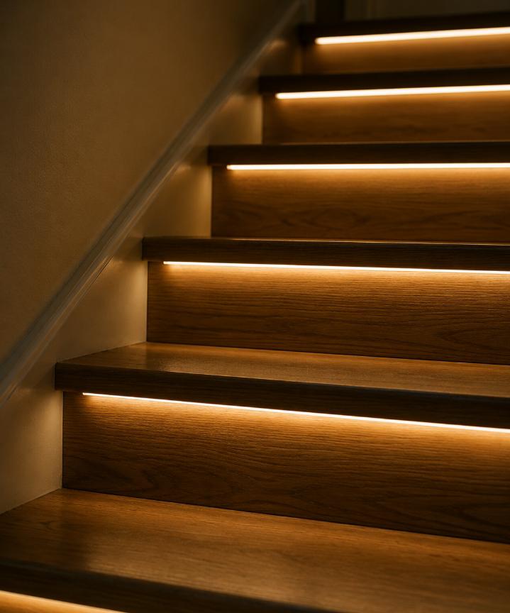 Close-up of warm LED strip lighting installed along the edge of staircase steps, glowing softly in a dim stairwell,