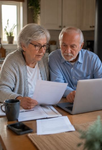 Senior couple reviewing Medicare paperwork together at a kitchen table while using a laptop.