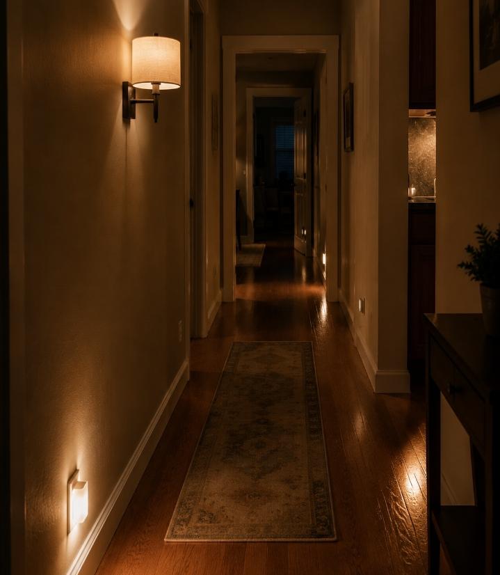 Senior-friendly apartment hallway with soft diffused lighting and low-level floor lights reducing glare at night