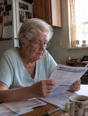 Senior woman reading Medicare paperwork at her kitchen table in morning light.