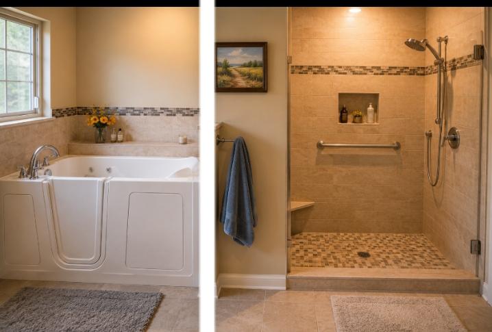 Split bathroom — walk-in tub on the left with door and jets visible, walk-in shower on the right with grab bar and handheld showerhead