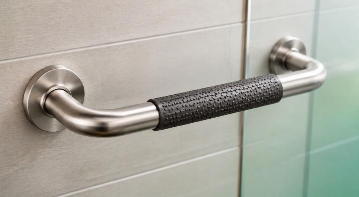 Stainless steel grab bar with textured grip surface.