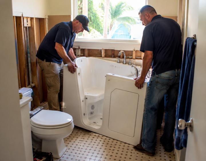 Two contractors positioning a walk-in tub unit in a Florida residential bathroom — genuine work environment,