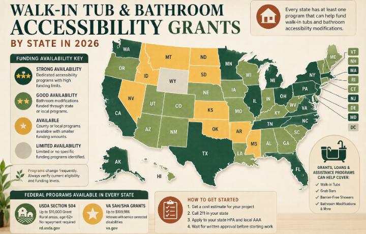 US map with states color-coded by grant program availability for walk-in tub and bathroom accessibility funding