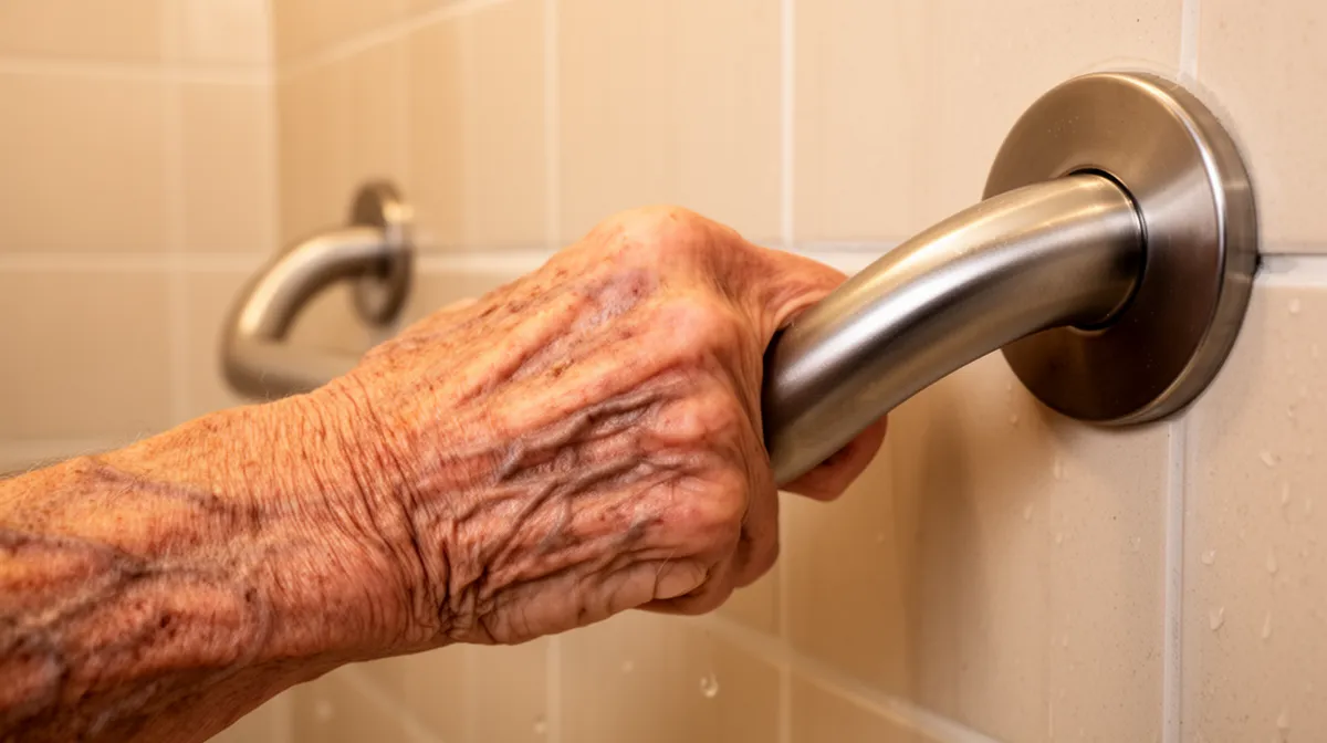 Wrinkled, elderly hand gripping a metal bathroom handle.