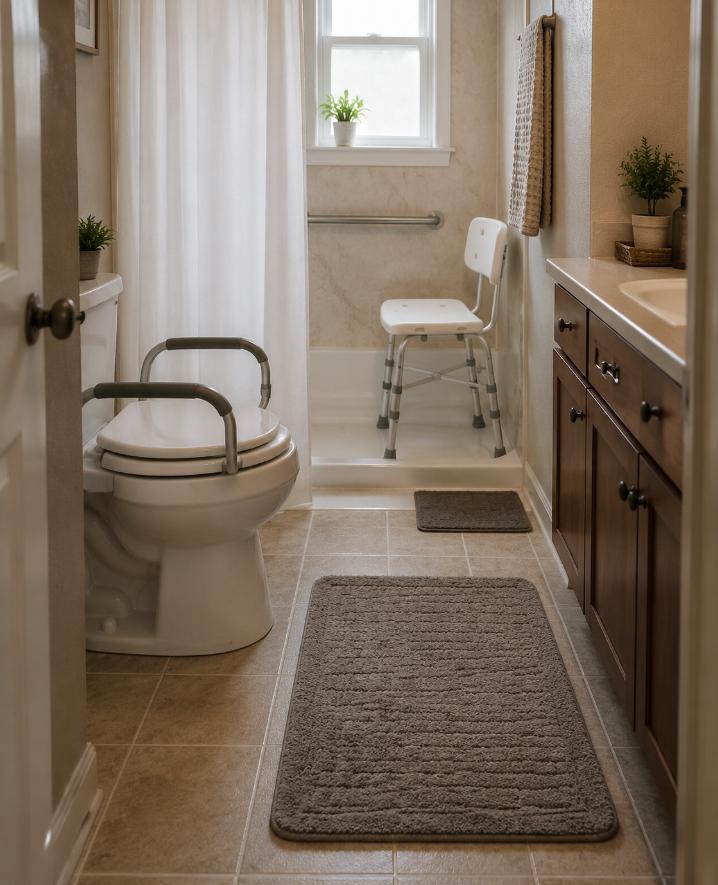 Non slip bathroom mat and shower chair for elderly safety