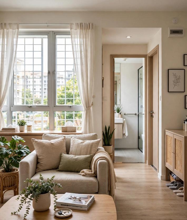 premium wide-angle HDB living room — bright Scandinavian space with natural daylight, warm neutrals, plants, and that hallway view into the bathroom where the stainless grab bar is subtly visible