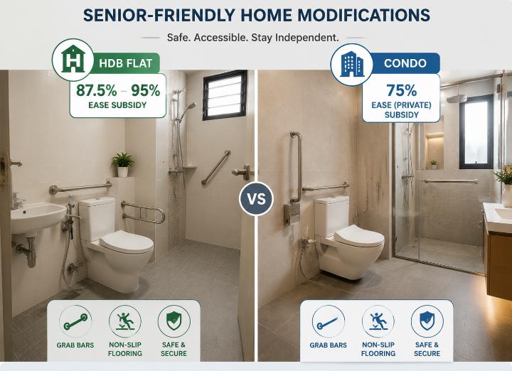 split comparison graphic showing an HDB flat bathroom on one side and a condo bathroom on the other, both with grab bars and non-slip flooring, simple icons showing subsidy percentage above each