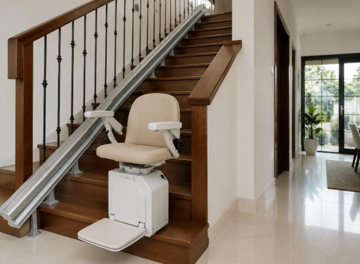 stair lift installed along a staircase in a landed Singapore home, daylight, clean modern rail, no people