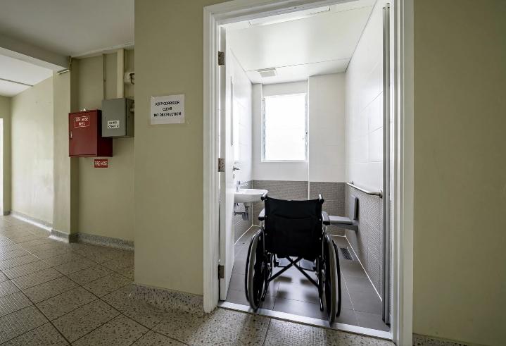 wide bathroom doorway with a wheelchair passing through comfortably, HDB corridor style flooring, daylight, no face visible