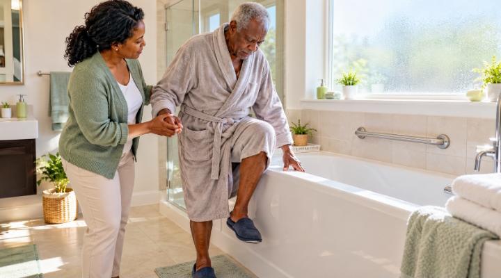 Adult daughter helping an elderly father at the edge of a high bathtub