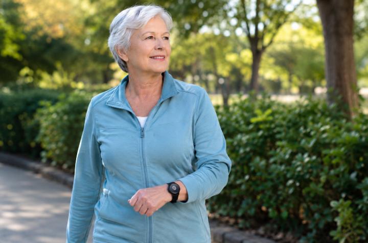 An older adult wearing a medical alert watch while walking outdoors