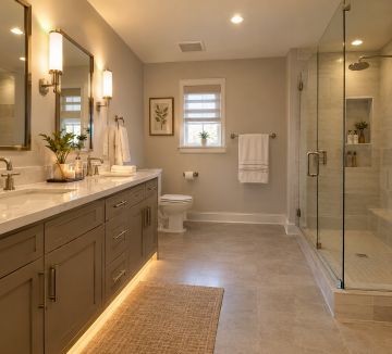 Bathroom showing three layers of lighting: overhead, mirror sconces, and a soft night strip under the vanity