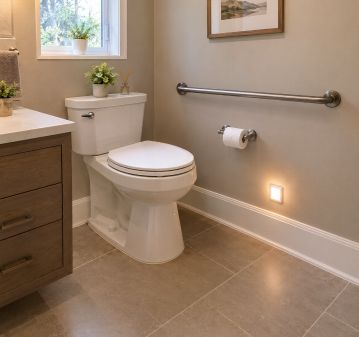 Comfort-height toilet with a side grab bar, a night light, and a clear floor beside it