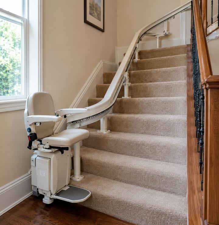 Custom curved stairlift rail following a turn and landing on a staircase