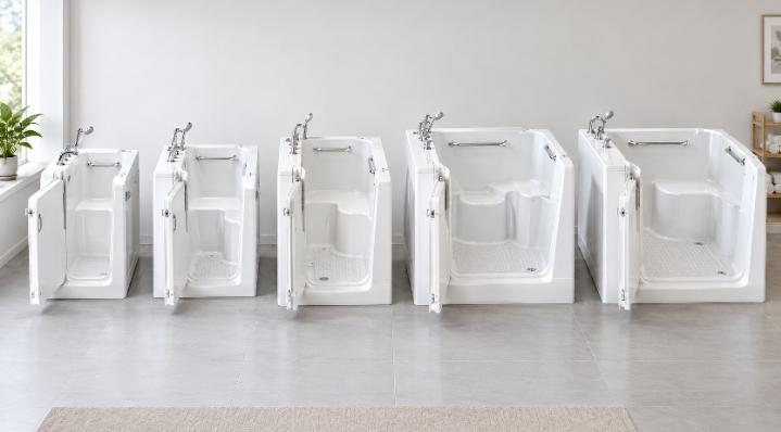 Five wheelchair-accessible walk-in tub designs arranged side by side for a visual size comparison.