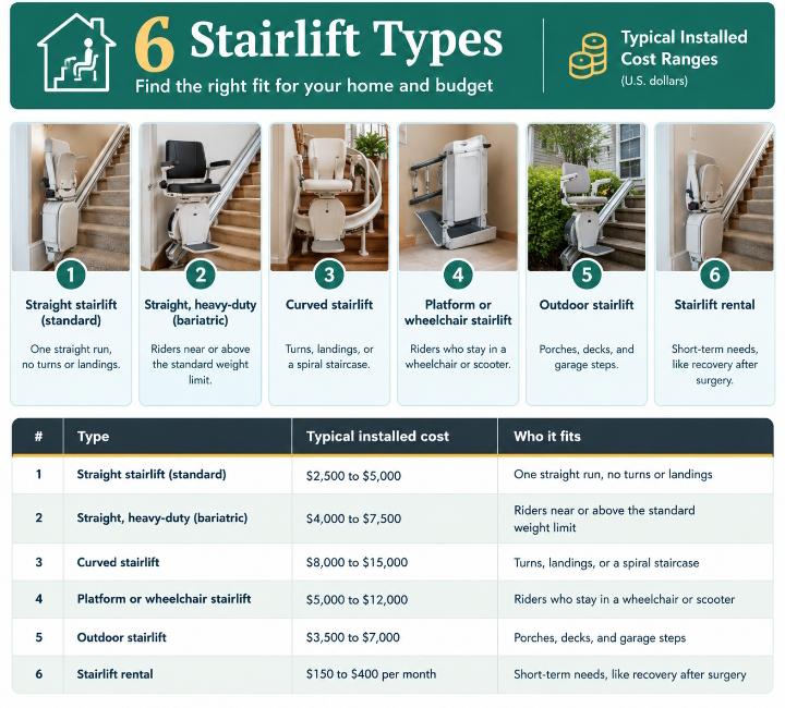 Infographic showing six stairlift types with their typical installed price ranges