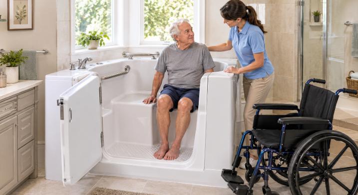 L-shaped wheelchair-transfer walk-in tub with an open outswing door and a wheelchair positioned beside the entry.