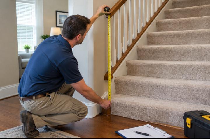 Person measuring a staircase with a tape measure for a stairlift quote
