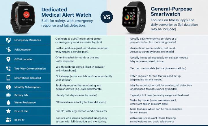 Side-by-side graphic comparing a dedicated medical alert watch and a general-purpose smartwatch