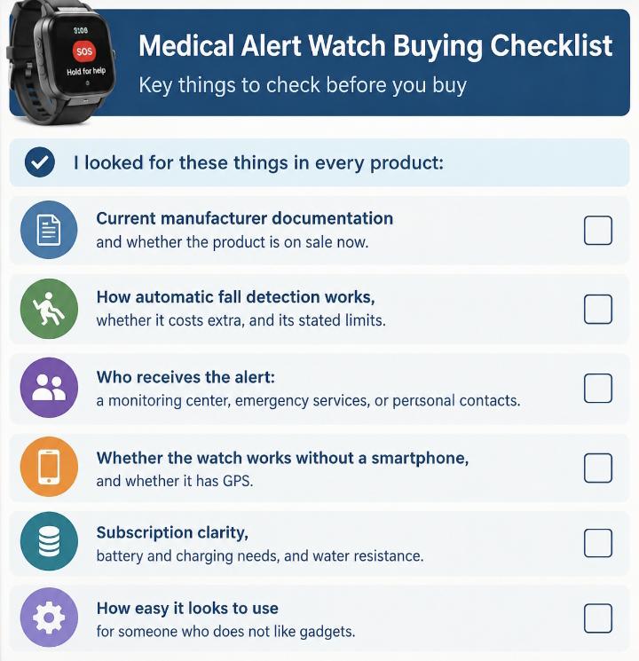 Simple checklist graphic showing criteria for choosing a medical alert watch