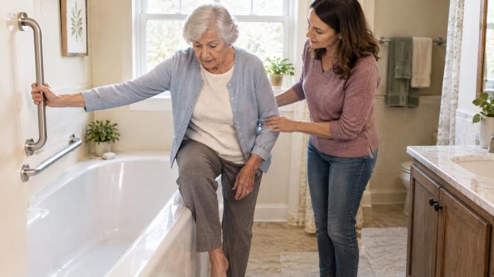 Standard bathtub with a tall rim that is hard for an elderly parent to step over
