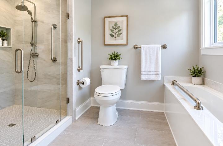 Three grab bars in matching brushed nickel beside a shower, a toilet, and a tub edge