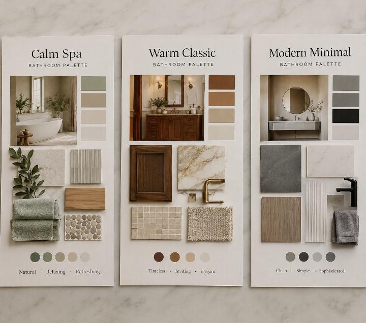 Three small mood boards showing calm spa, warm classic, and modern minimal bathroom palettes