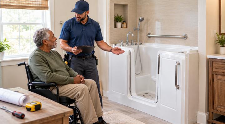 A plumber guy showing an elderly man the new installed walk-in tub and very happy