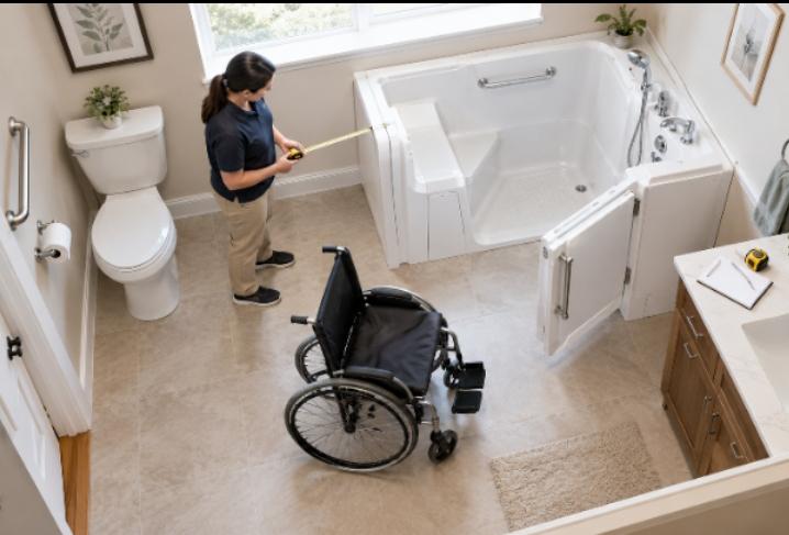 Caregiver measuring bathroom floor space beside a wheelchair-accessible walk-in tub before installation.