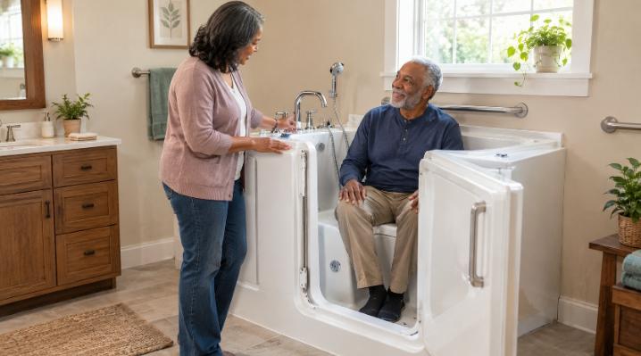 Older father sitting comfortably on the built-in seat of an accessible walk-in bathtub while discussing its controls with his daughter.
