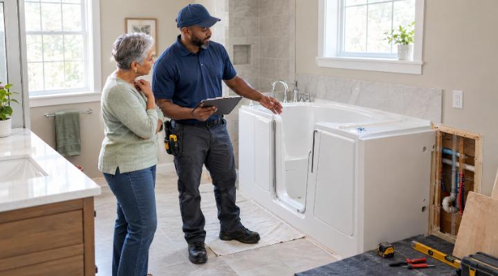 Bathroom installer reviewing plumbing and installation requirements for a wheelchair-accessible walk-in bathtub with a homeowner.