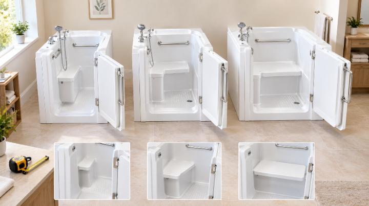 Three wheelchair-accessible walk-in bathtubs with different built-in seat widths for comparison.