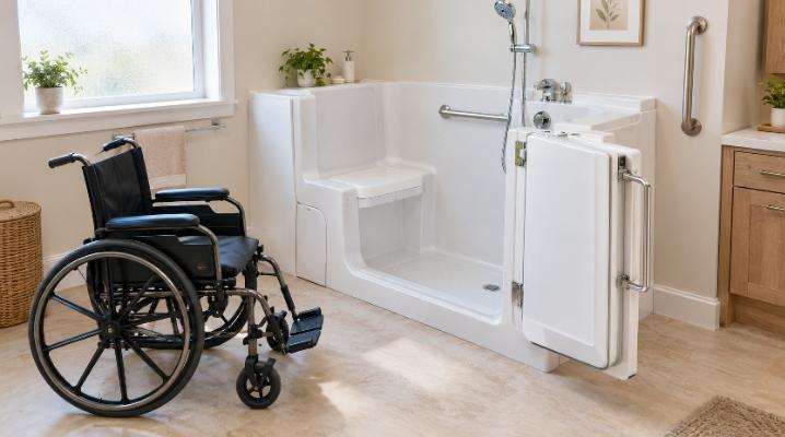 Wheelchair-accessible walk-in bathtub with an open outward-swinging transfer door and built-in seat.